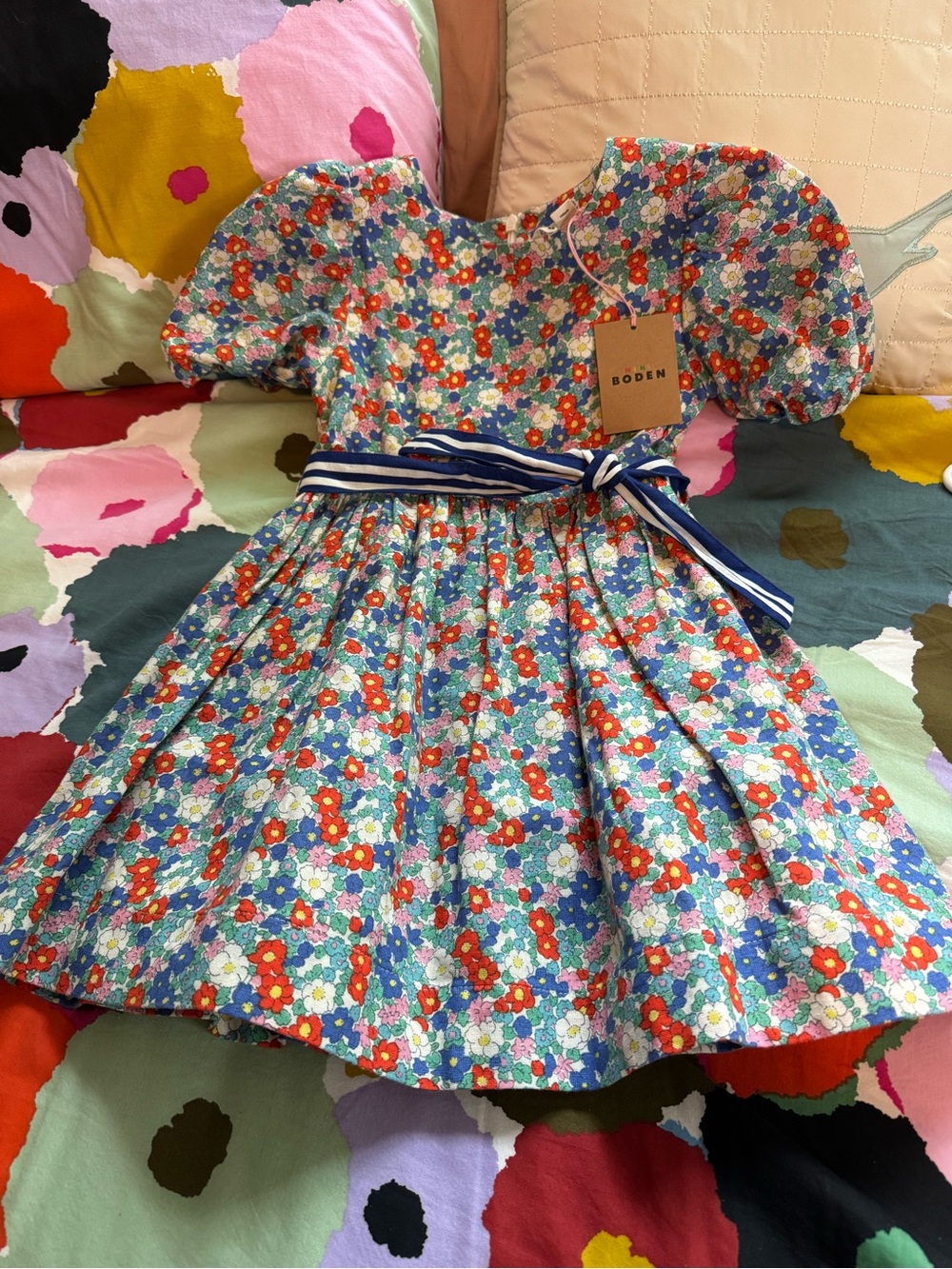 Boden Whimsical Girls' Floral Puff-Sleeve Cotton Dress with sash; 4-5; NWT